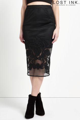 Lost Ink Mesh Applique Pencil Skirt